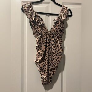 Beige Animal Print Ruffle Maternity One-Piece Swimsuit